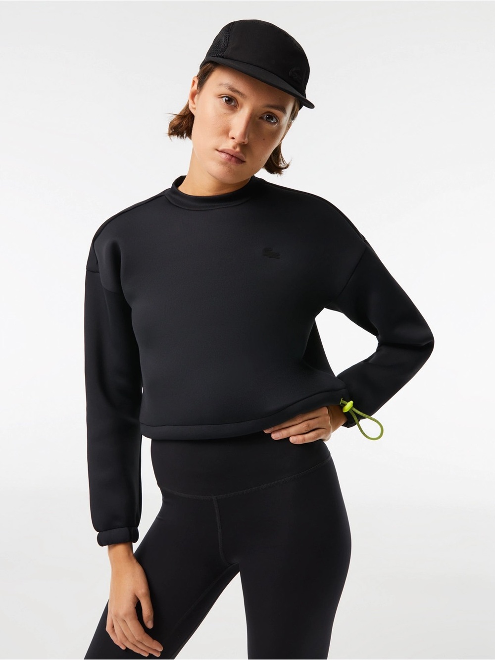 Lacoste Women's Sport Loose Fit Drawstring Sweatshirt Black Scuba Fabric Size 40